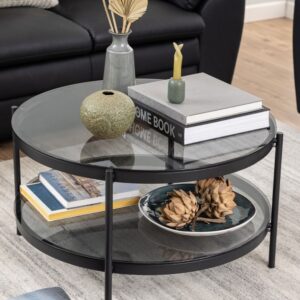 Bryan Smoked Glass Coffee Table Round With Black Metal Frame