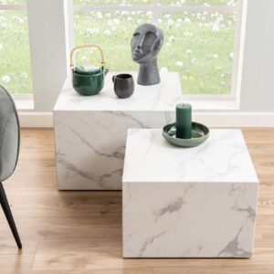 Dania Wooden Set Of 2 Coffee Table Square In White Marble Effect