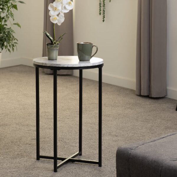 Dover Wooden Side Table With Black Frame In White Marble Effect