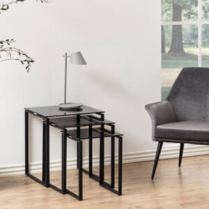 Keene Smoked Glass Nest Of 3 Tables With Black Metal Frame